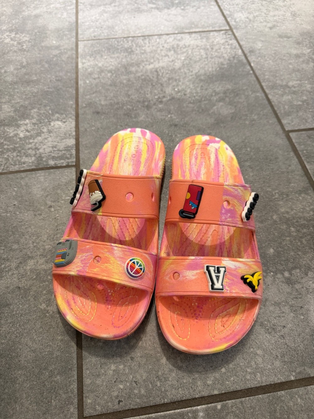 Women’s Pink Orange Tie-Dye Slide Sandals with Charms